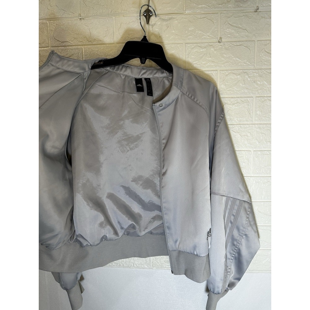 Adidas Gray Silver Bomber‎ Jacket Large Zip Windbreaker Long Sleeve Used - Picture 5 of 8